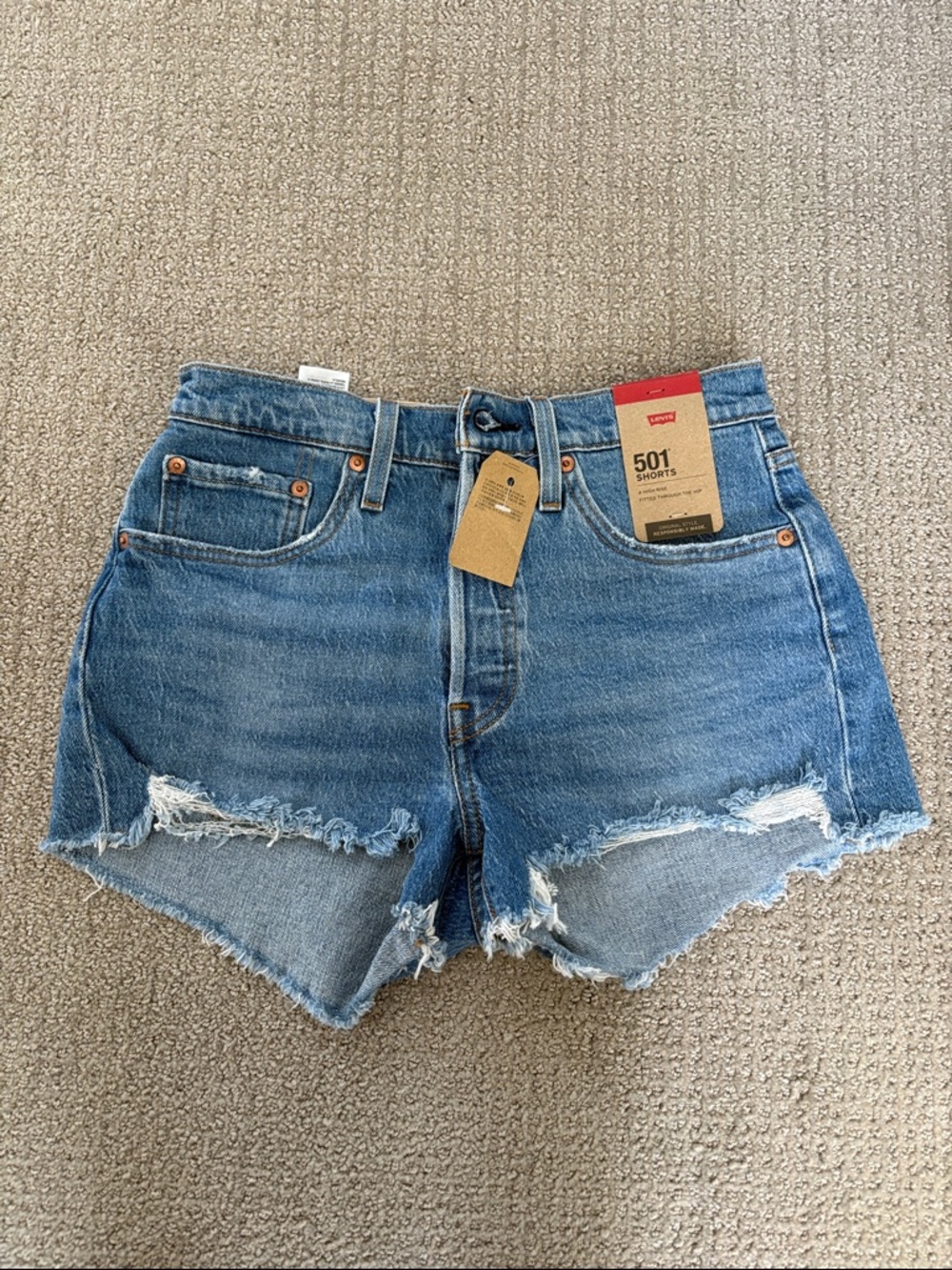 Levi's 501 Women's Distressed Blue Denim Shorts. Size 26. New with tags.